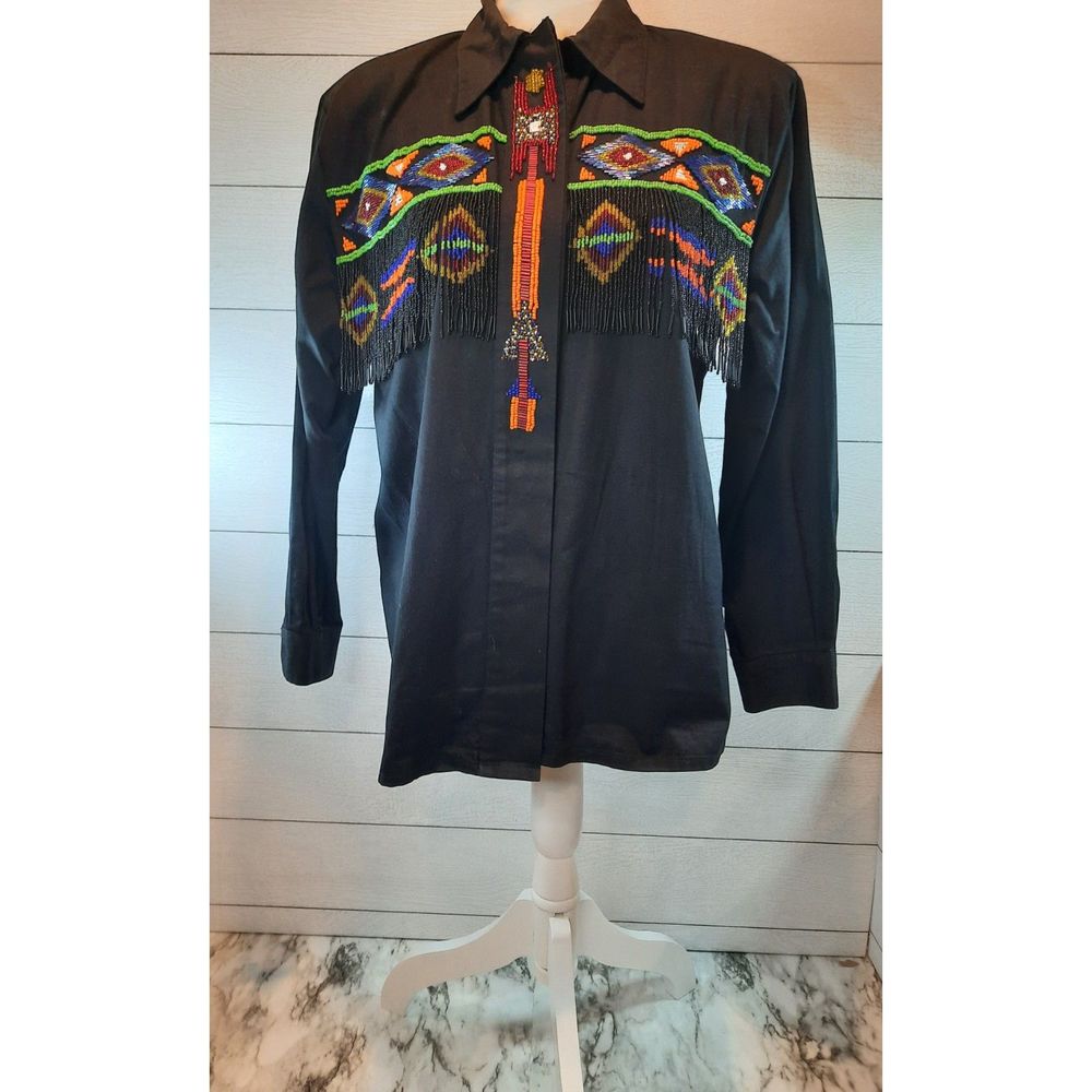 Ceders Womens Beaded Fringe Long Sleeve Button Up Western Shirt